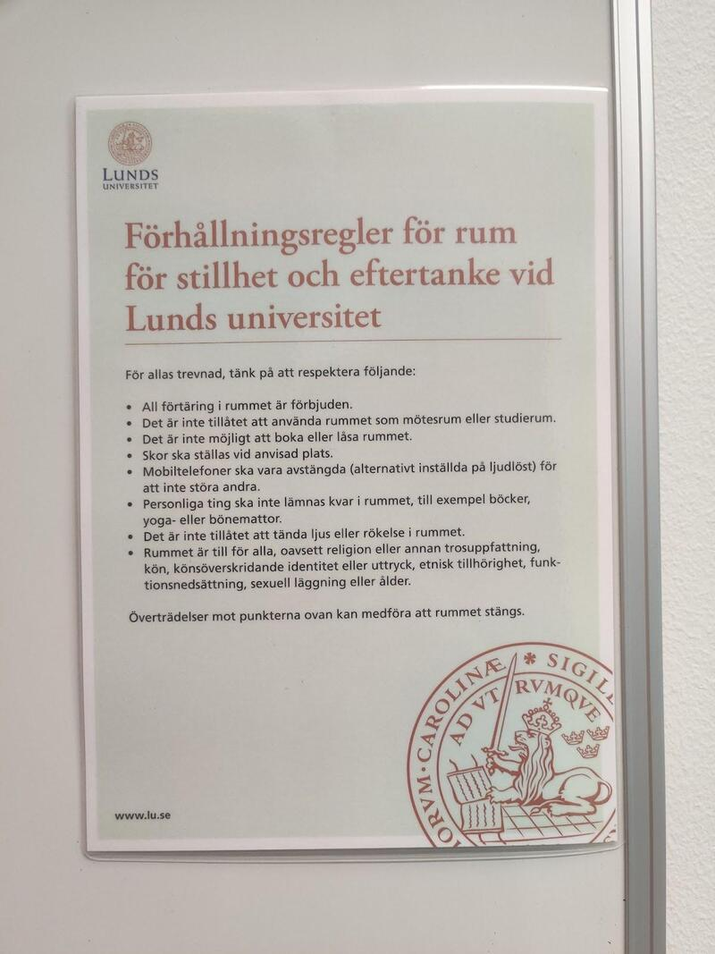 An image of the code of conduct in swedish for the room for contemplation.